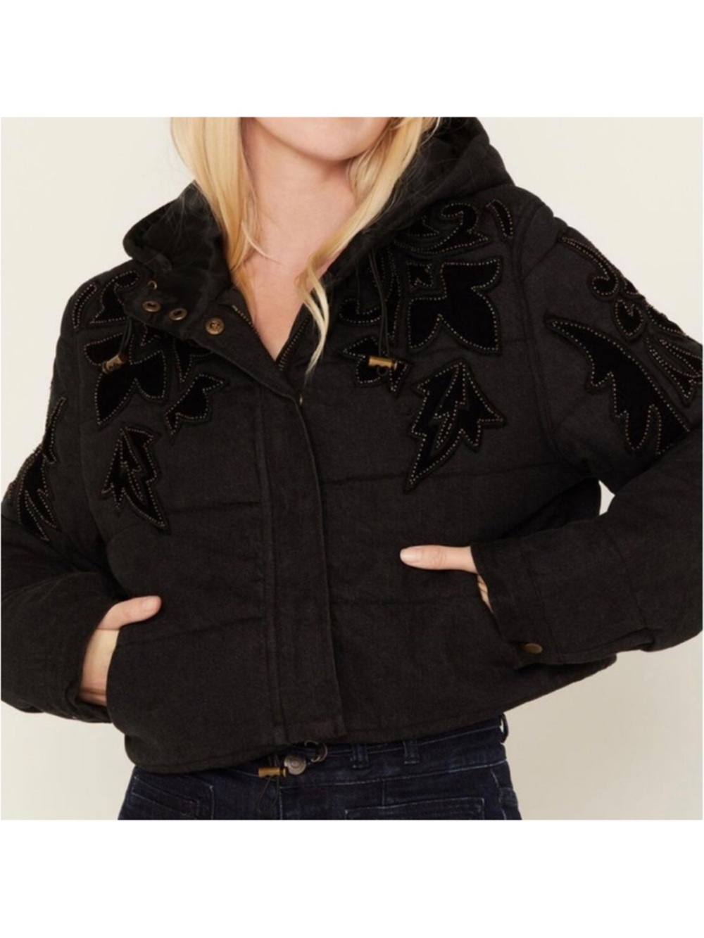 Free People RARE Fleur de Lis Black Denim Hoodie Puffer Jacket Medium NEW